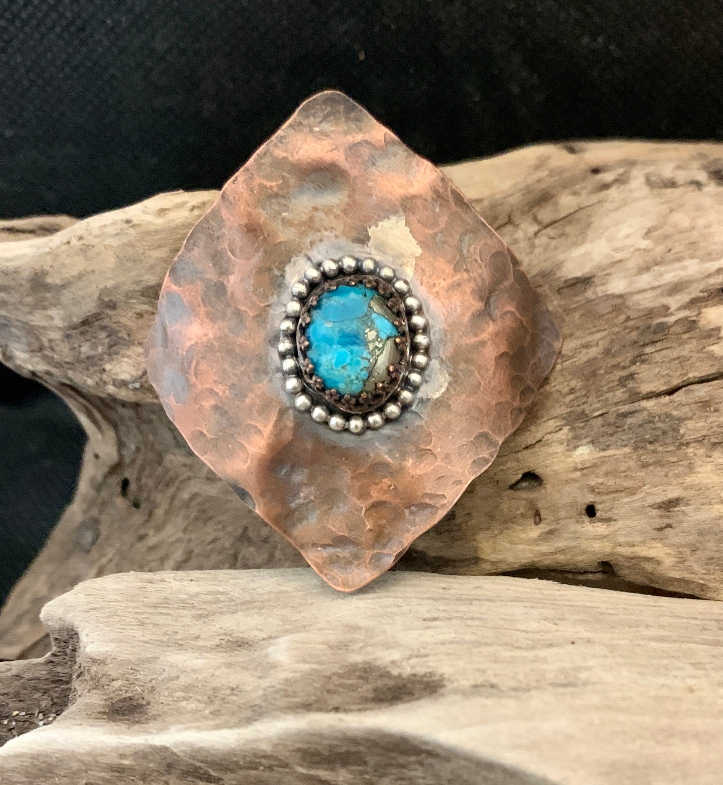 Copper Poneytail cover with Torquoise and Pyrite stone.