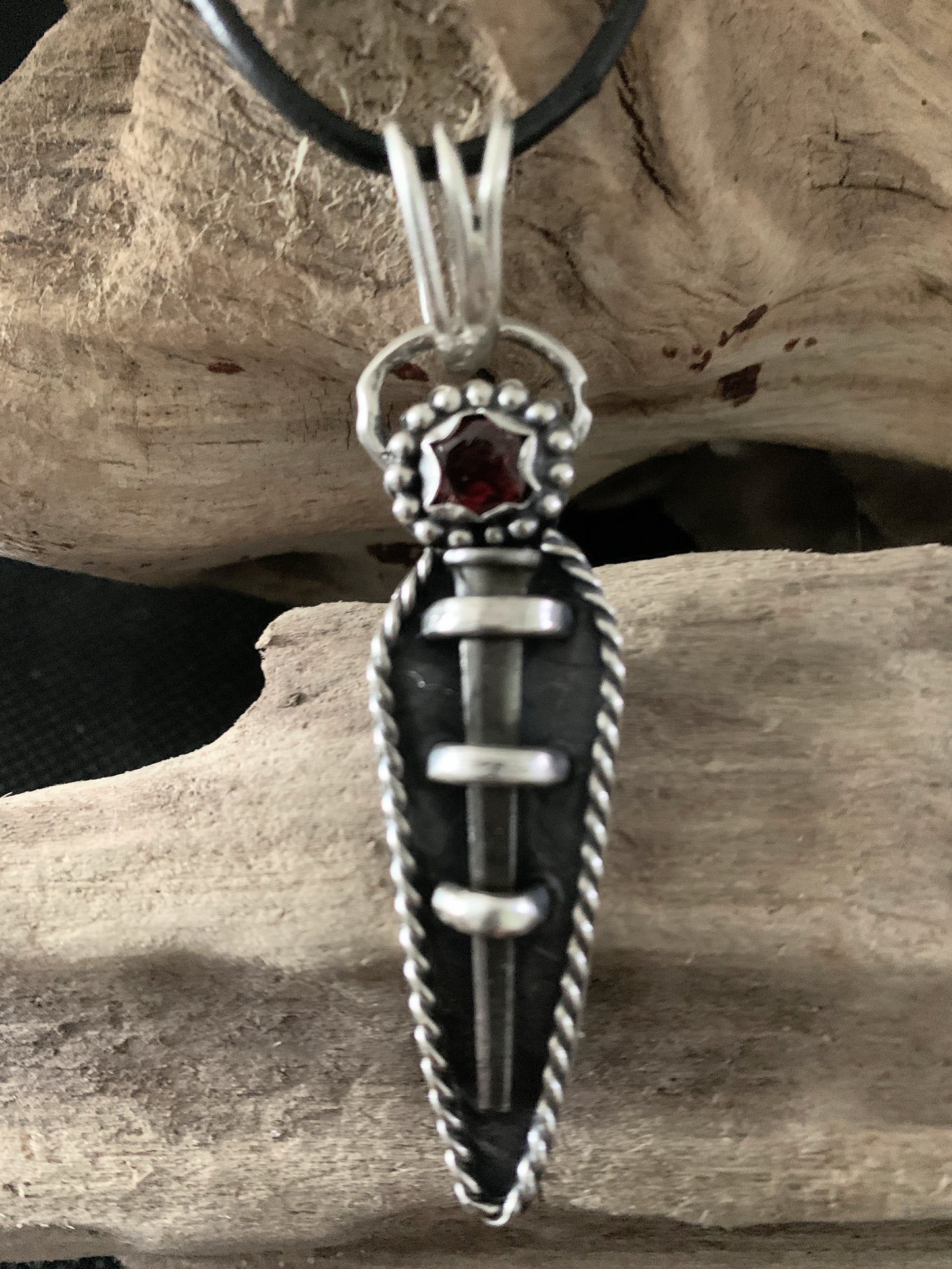 Antique Iron Nail sterling silver pendant with faceted Garnet