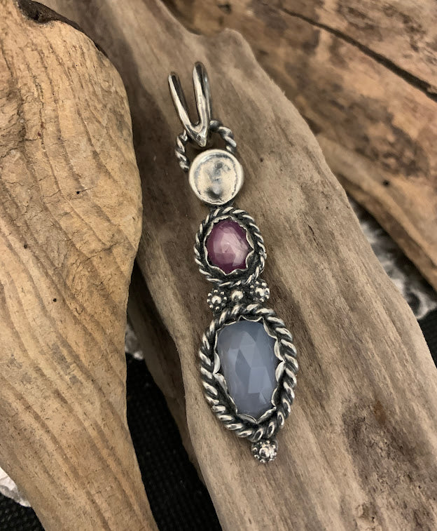 Gender Harmony Sterling Silver pendant with Pink Sapphire and Blue Chalcedony