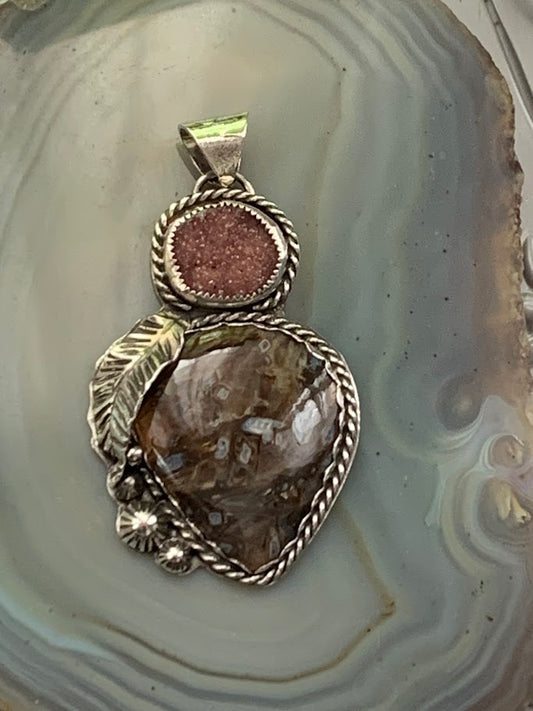 Pink Druzy and Turkish stick agate sterling silver pendant