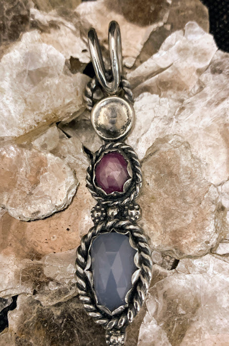 Gender Harmony Sterling Silver pendant with Pink Sapphire and Blue Chalcedony