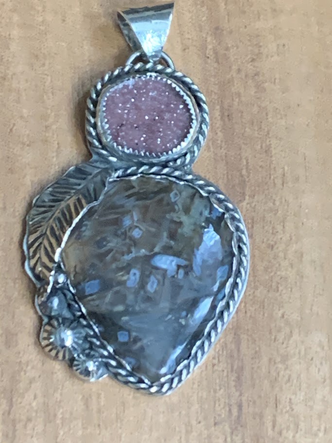 Pink Druzy and Turkish stick agate sterling silver pendant