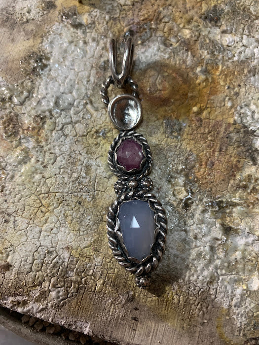 Gender Harmony Sterling Silver pendant with Pink Sapphire and Blue Chalcedony