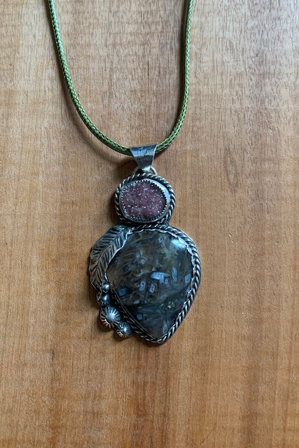 Pink Druzy and Turkish stick agate sterling silver pendant