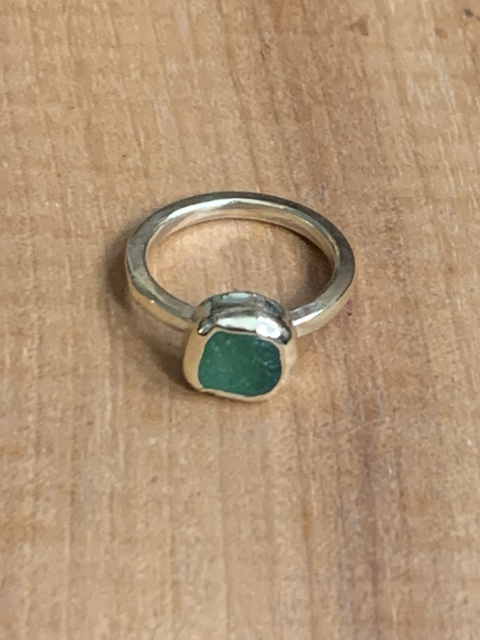 Green Seaglass and Brass stacker ring