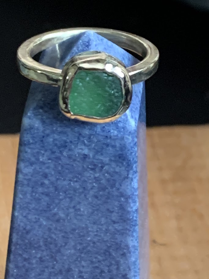 Green Seaglass and Brass stacker ring