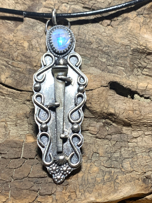 Antique Iron  Nail with Rainbow Moonstone Pendant