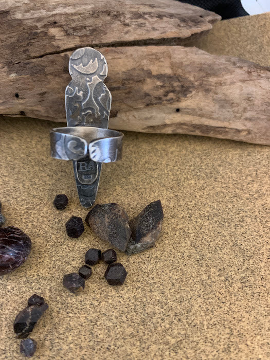 Antique Iron Nail with raw Garnet Sterling Silver Ring